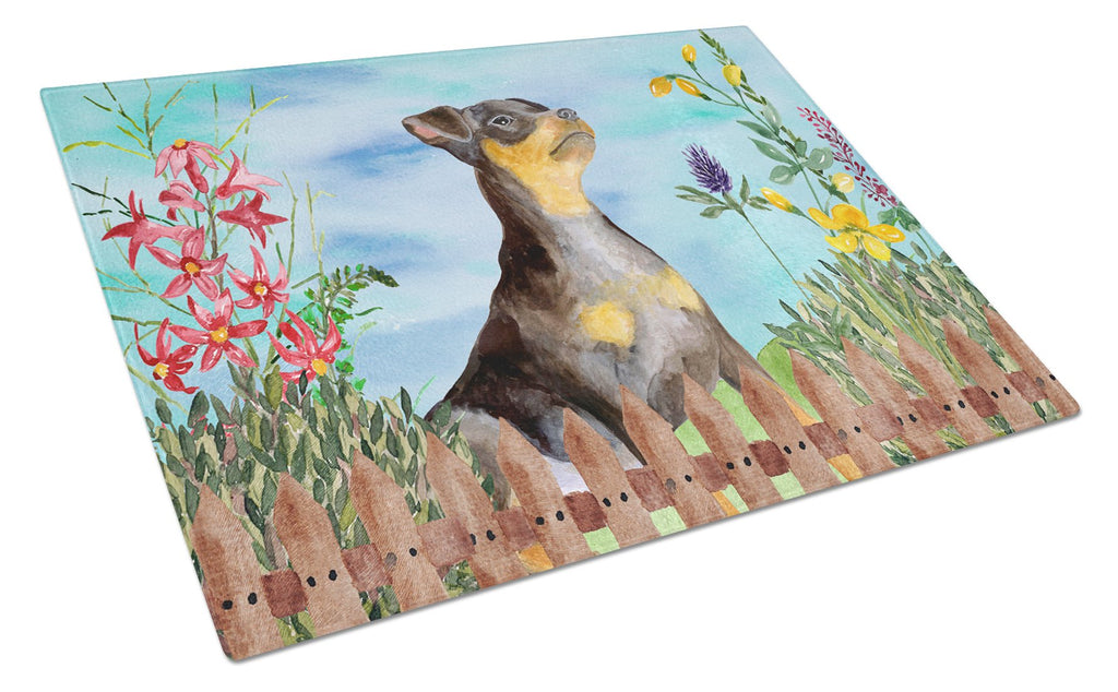 Miniature Pinscher #2 Spring Cutting Board Tempered Glass Kitchen Cutting Surface, Heat Resistant Chopping, Non-Slip Feet, Food Prep & Serving