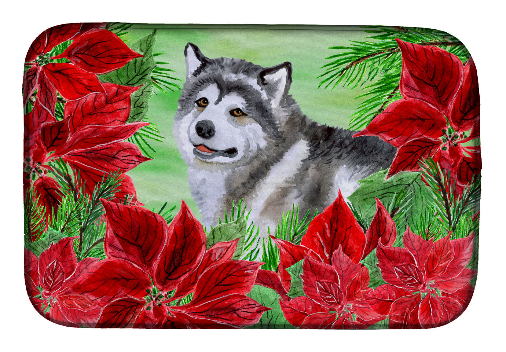 Alaskan Malamute Poinsettas Dish Drying Mat Absorbent Dish Drying Mat Pad for Kitchen Counter Dish Drainer Mat for Countertop, 14 x 21", Multicolor