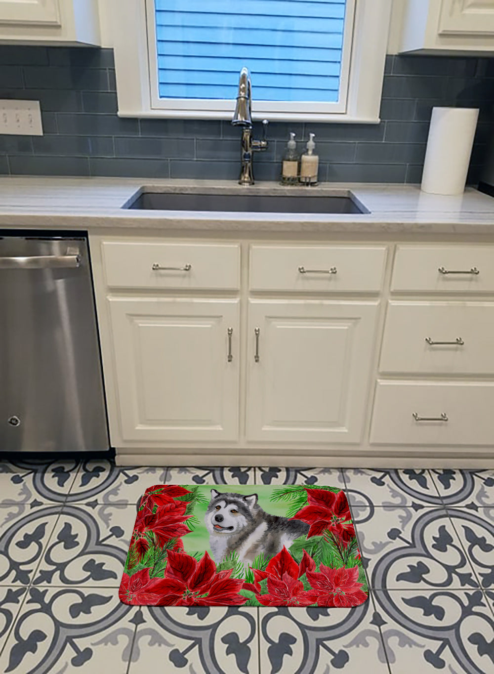 Alaskan Malamute Poinsettas Memory Foam Kitchen Mat Machine Washable Anti-Fatigue Cushion Comfort Bath or Kitchen Rug
