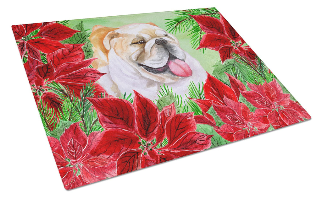 English Bulldog Poinsettas Cutting Board Tempered Glass Kitchen Cutting Surface, Heat Resistant Chopping, Non-Slip Feet, Food Prep & Serving