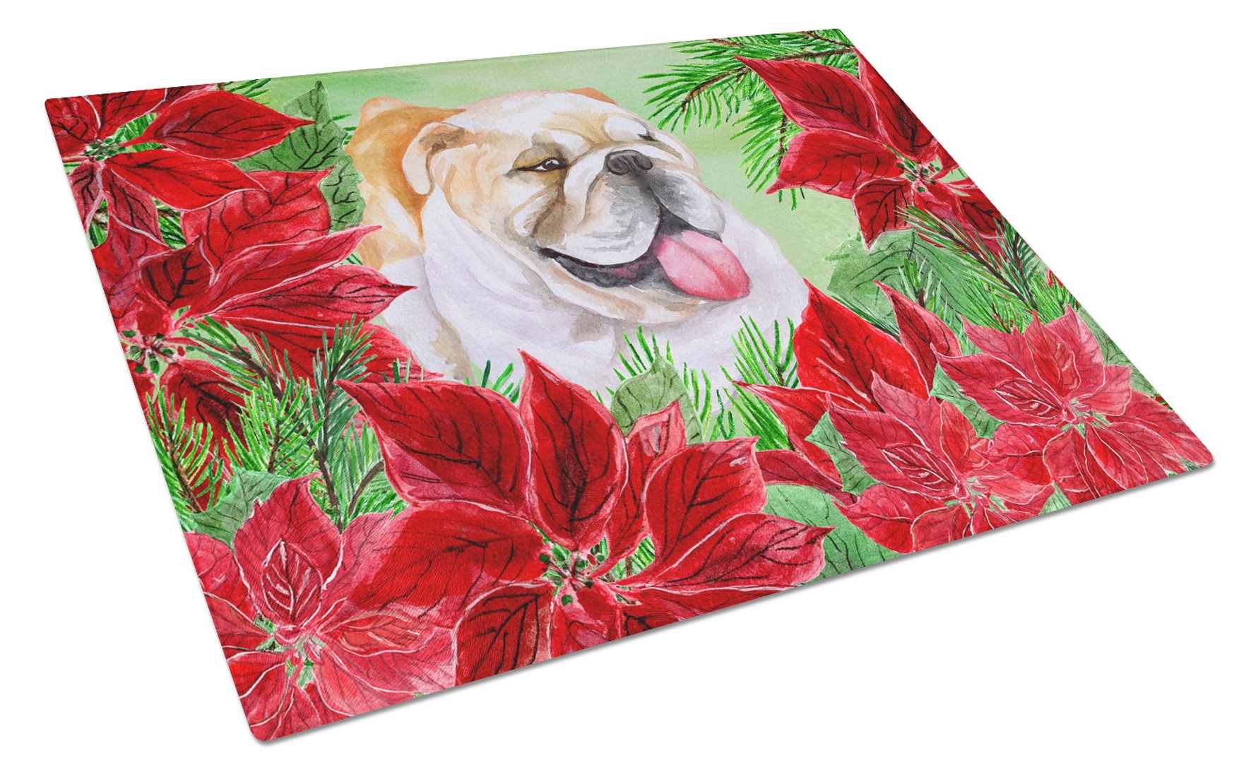 English Bulldog Poinsettas Cutting Board Tempered Glass Kitchen Cutting Surface, Heat Resistant Chopping, Non-Slip Feet, Food Prep & Serving