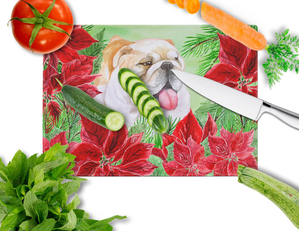 English Bulldog Poinsettas Cutting Board Tempered Glass Kitchen Cutting Surface, Heat Resistant Chopping, Non-Slip Feet, Food Prep & Serving