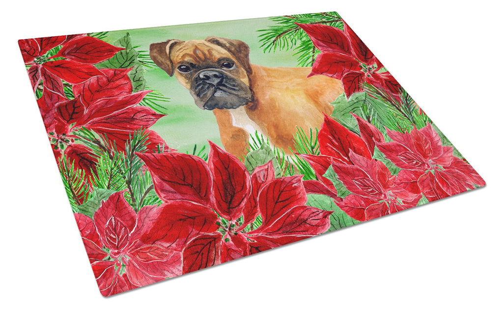 German Boxer Poinsettas Cutting Board Tempered Glass Kitchen Cutting Surface, Heat Resistant Chopping, Non-Slip Feet, Food Prep & Serving