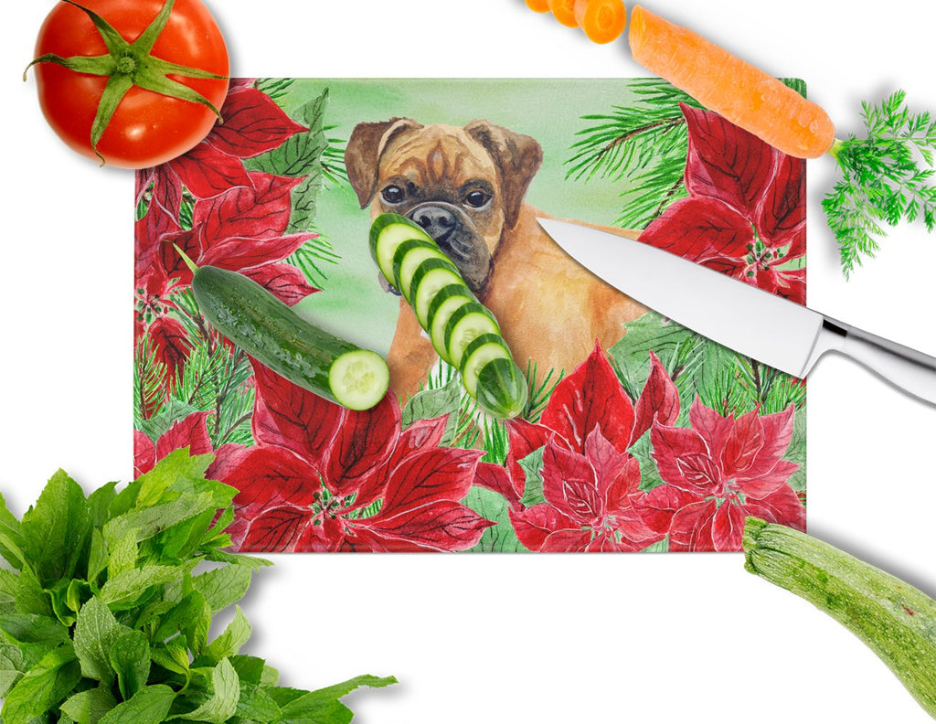 German Boxer Poinsettas Cutting Board Tempered Glass Kitchen Cutting Surface, Heat Resistant Chopping, Non-Slip Feet, Food Prep & Serving