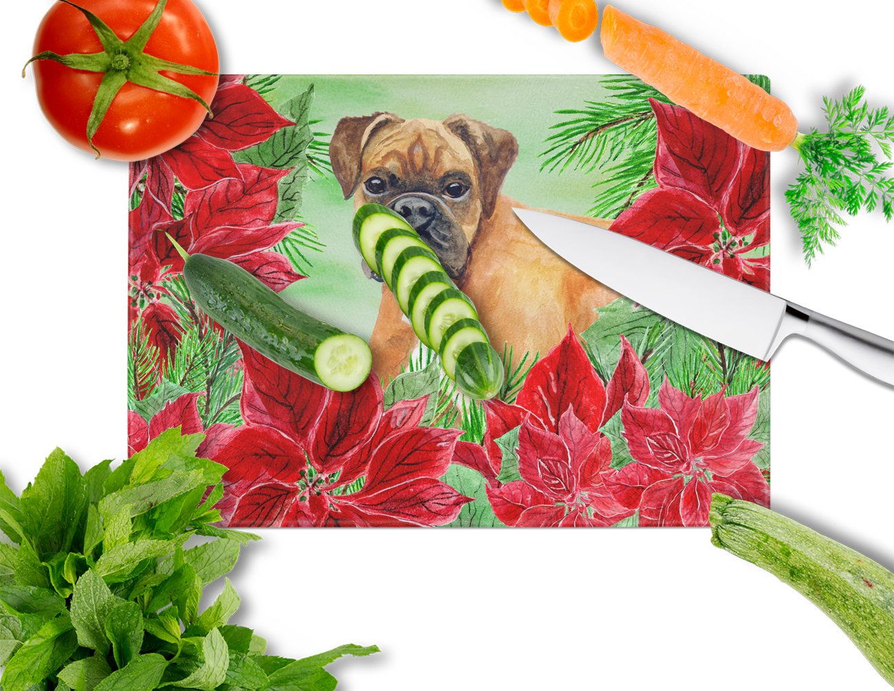 German Boxer Poinsettas Cutting Board Tempered Glass Kitchen Cutting Surface, Heat Resistant Chopping, Non-Slip Feet, Food Prep & Serving