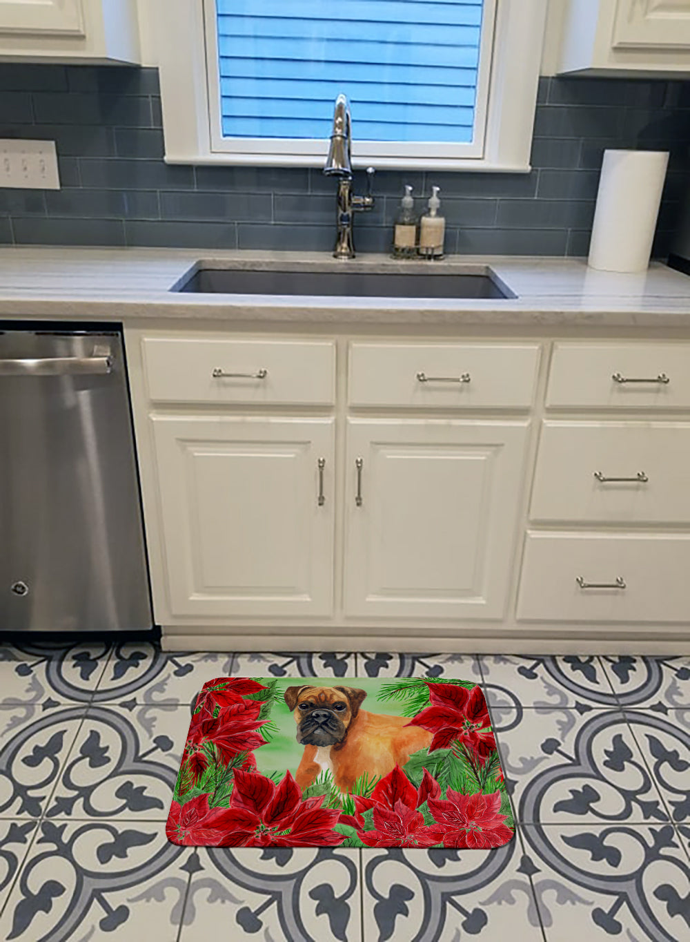 German Boxer Poinsettas Memory Foam Kitchen Mat Machine Washable Anti-Fatigue Cushion Comfort Bath or Kitchen Rug