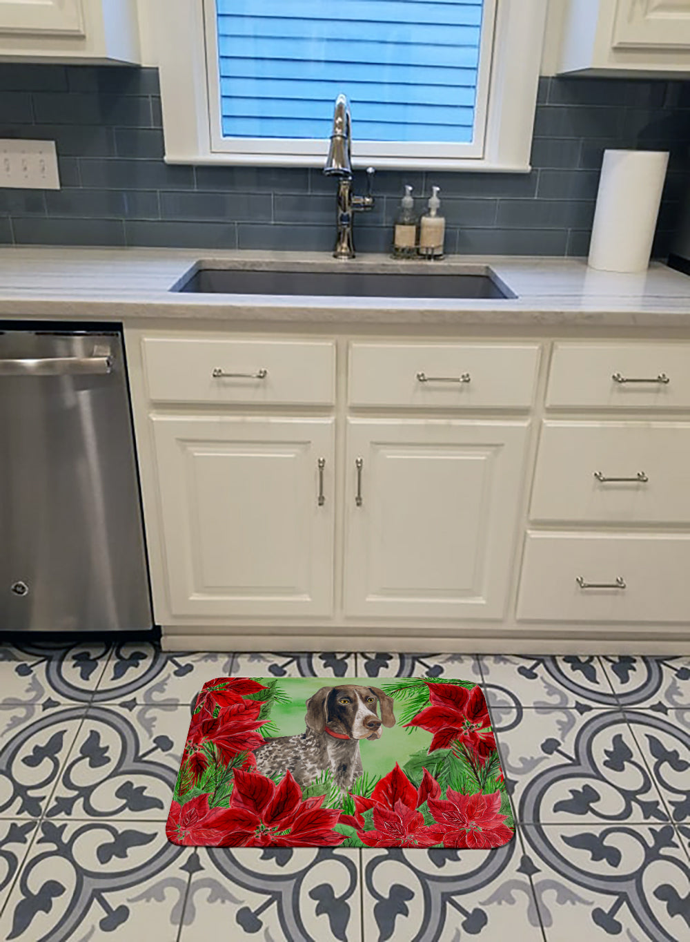 German Shorthaired Pointer Poinsettas Memory Foam Kitchen Mat Machine Washable Anti-Fatigue Cushion Comfort Bath or Kitchen Rug
