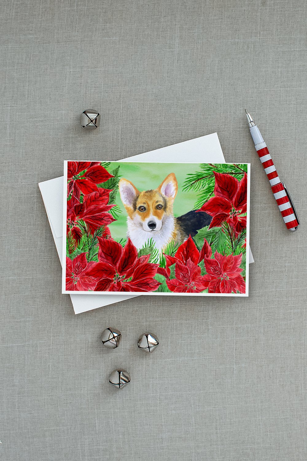 Pembroke Corgi Poinsettas Greeting Cards Pack of 8 Blank Cards with Envelopes Whimsical A7 Size 5x7