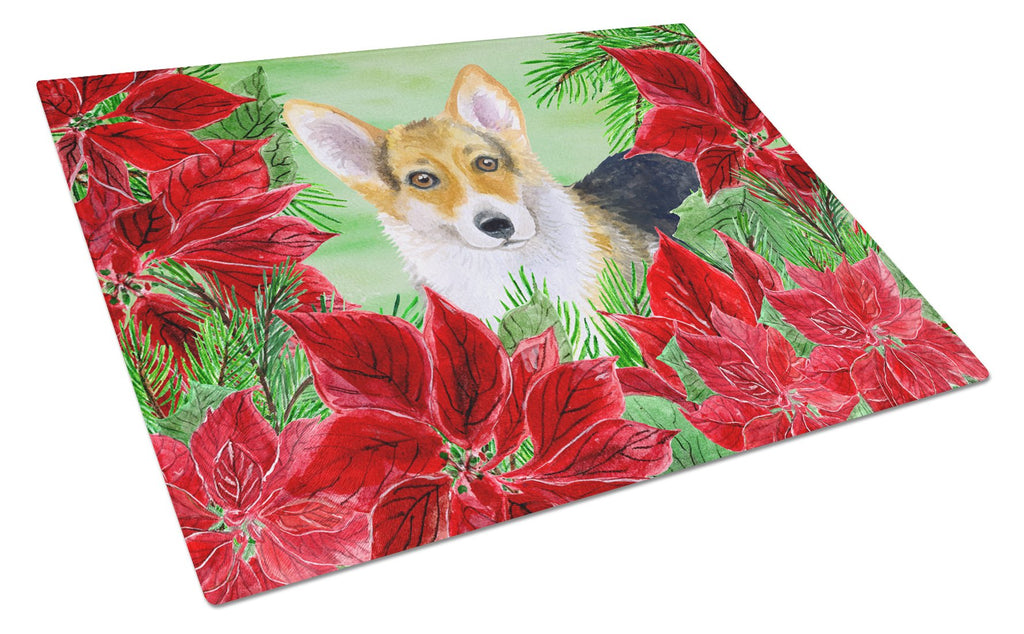 Pembroke Corgi Poinsettas Cutting Board Tempered Glass Kitchen Cutting Surface, Heat Resistant Chopping, Non-Slip Feet, Food Prep & Serving