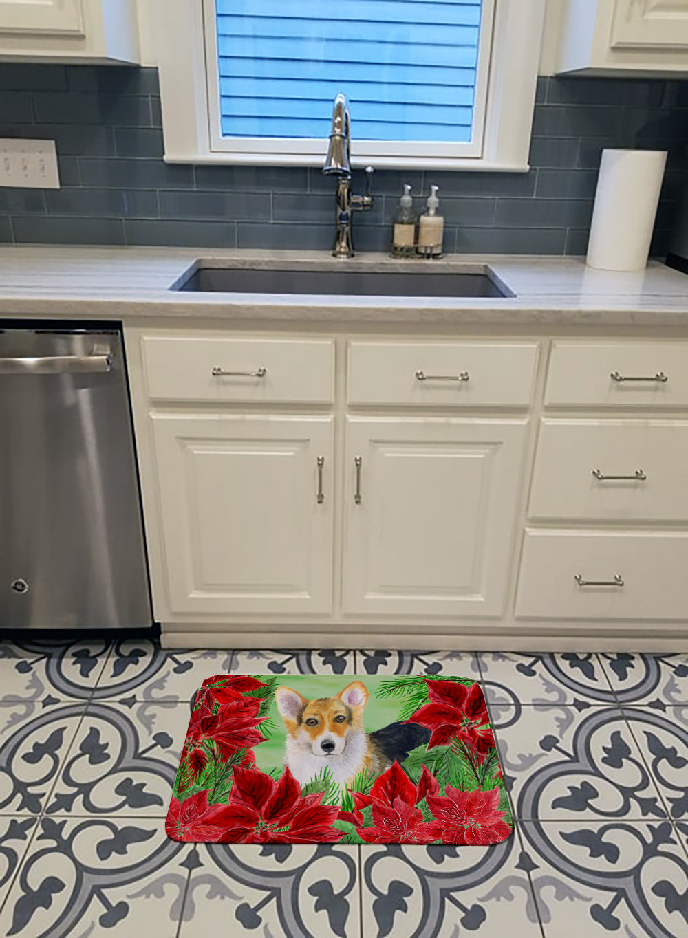 Pembroke Corgi Poinsettas Memory Foam Kitchen Mat Machine Washable Anti-Fatigue Cushion Comfort Bath or Kitchen Rug