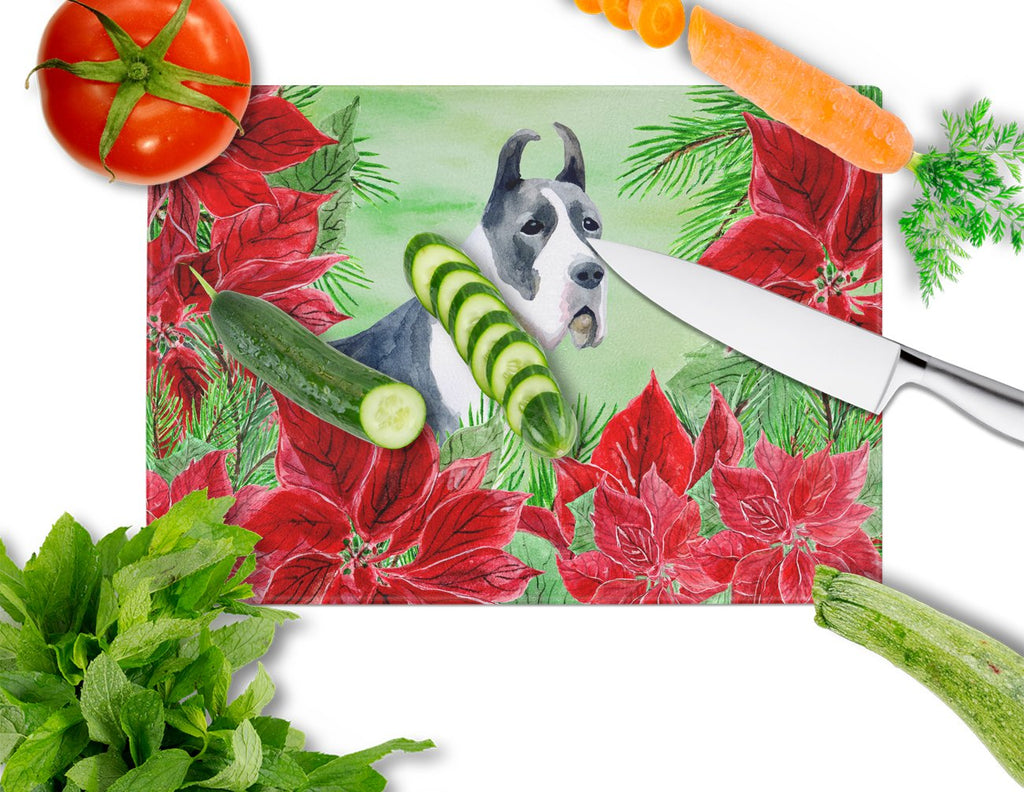 Harlequin Great Dane Poinsettas Cutting Board Tempered Glass Kitchen Cutting Surface, Heat Resistant Chopping, Non-Slip Feet, Food Prep & Serving