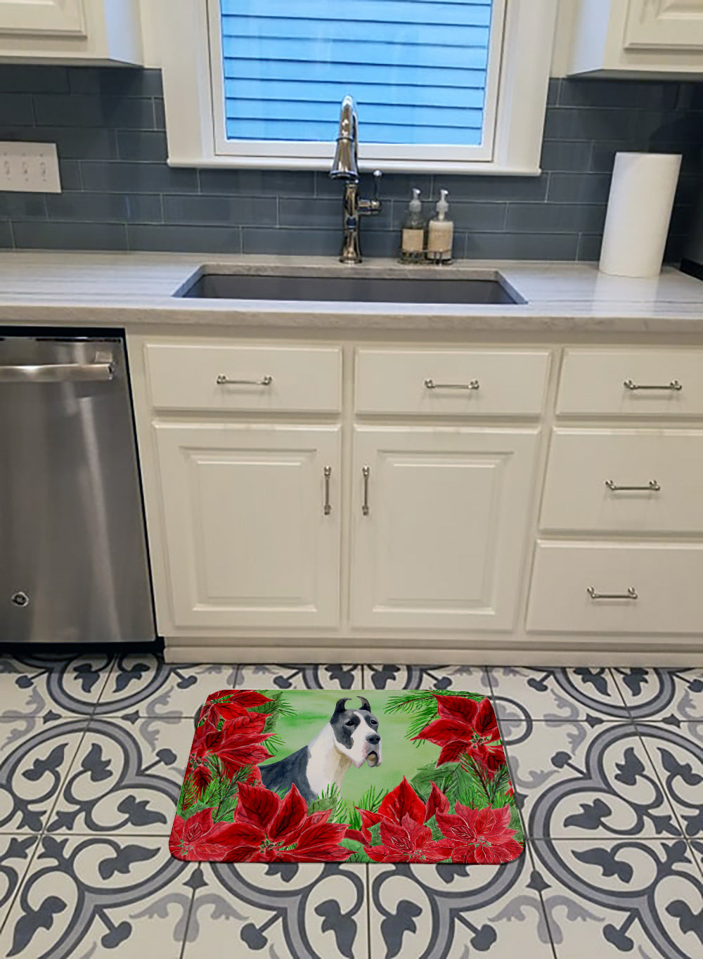 Harlequin Great Dane Poinsettas Memory Foam Kitchen Mat Machine Washable Anti-Fatigue Cushion Comfort Bath or Kitchen Rug