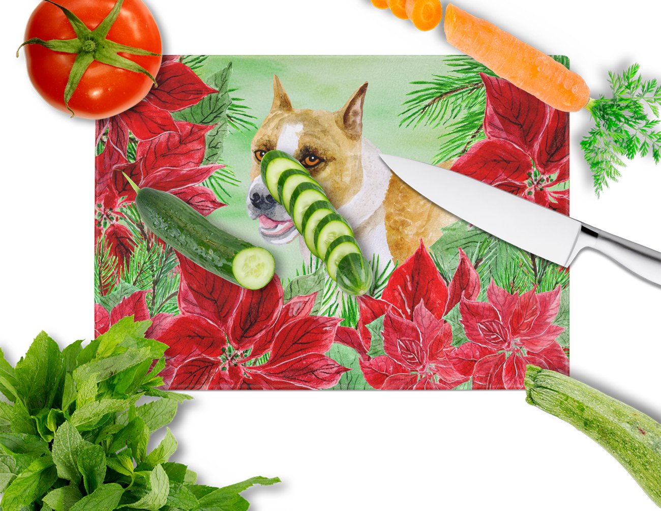 American Staffordshire Poinsettas Cutting Board Tempered Glass Kitchen Cutting Surface, Heat Resistant Chopping, Non-Slip Feet, Food Prep & Serving