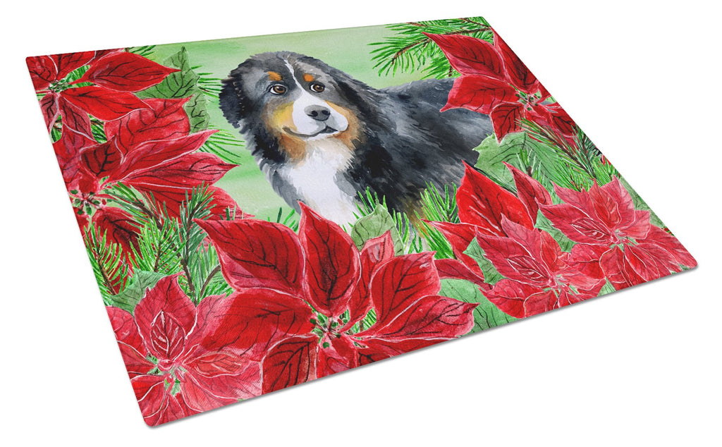 Bernese Mountain Dog Poinsettas Cutting Board Tempered Glass Kitchen Cutting Surface, Heat Resistant Chopping, Non-Slip Feet, Food Prep & Serving