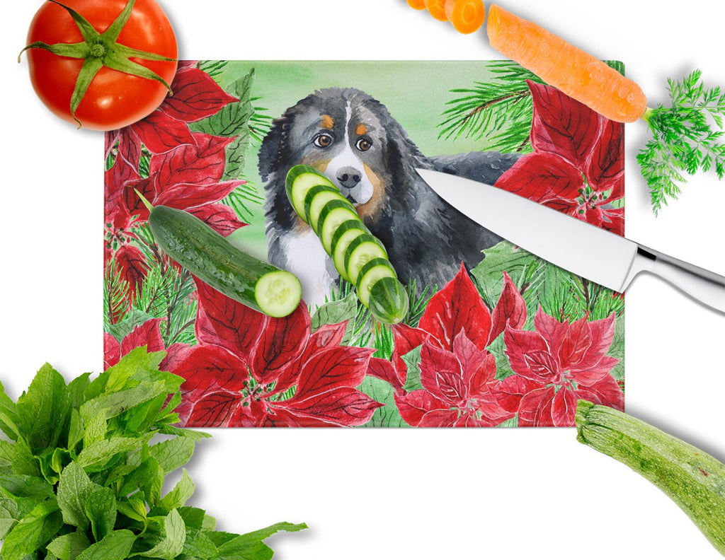 Bernese Mountain Dog Poinsettas Cutting Board Tempered Glass Kitchen Cutting Surface, Heat Resistant Chopping, Non-Slip Feet, Food Prep & Serving