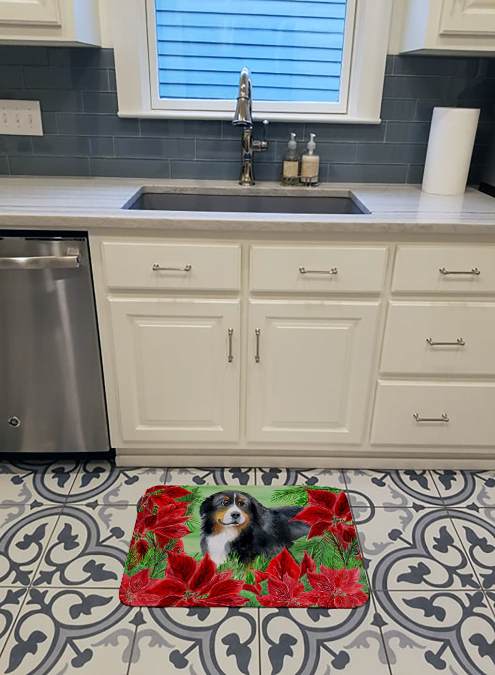 Bernese Mountain Dog Poinsettas Memory Foam Kitchen Mat Machine Washable Anti-Fatigue Cushion Comfort Bath or Kitchen Rug
