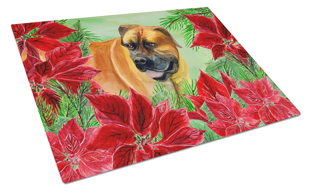 Boerboel Mastiff Poinsettas Cutting Board Tempered Glass Kitchen Cutting Surface, Heat Resistant Chopping, Non-Slip Feet, Food Prep & Serving