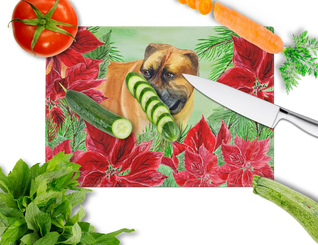 Boerboel Mastiff Poinsettas Cutting Board Tempered Glass Kitchen Cutting Surface, Heat Resistant Chopping, Non-Slip Feet, Food Prep & Serving