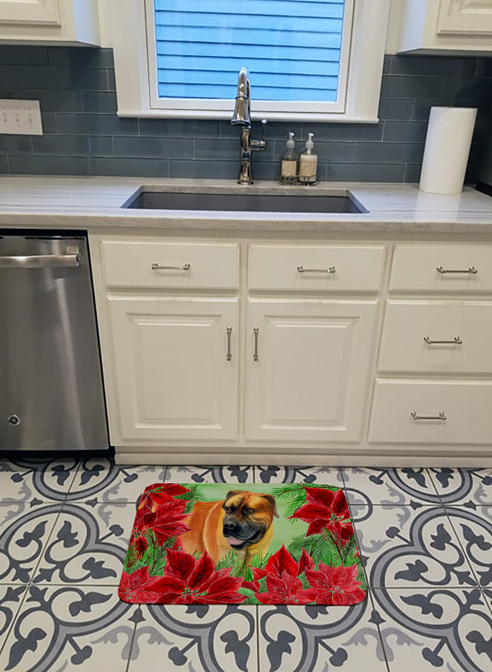 Boerboel Mastiff Poinsettas Memory Foam Kitchen Mat Machine Washable Anti-Fatigue Cushion Comfort Bath or Kitchen Rug