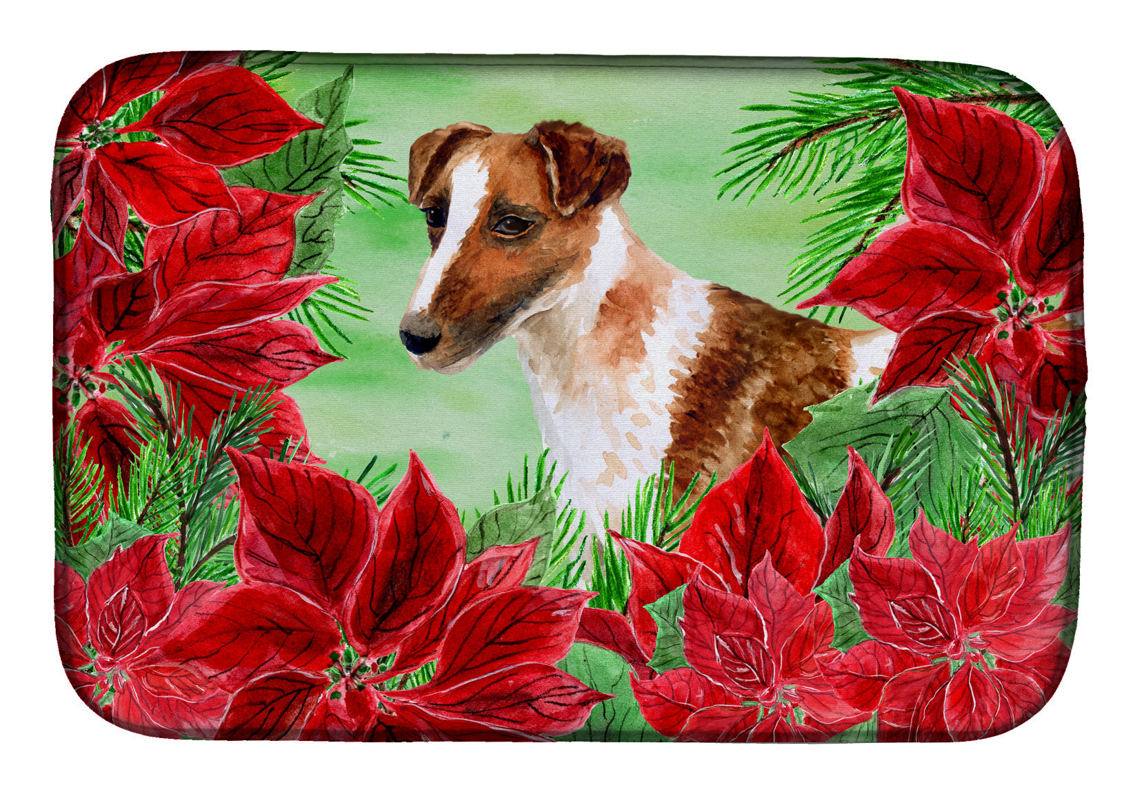 Smooth Fox Terrier Poinsettas Dish Drying Mat Absorbent Dish Drying Mat Pad for Kitchen Counter Dish Drainer Mat for Countertop, 14 x 21", Multicolor