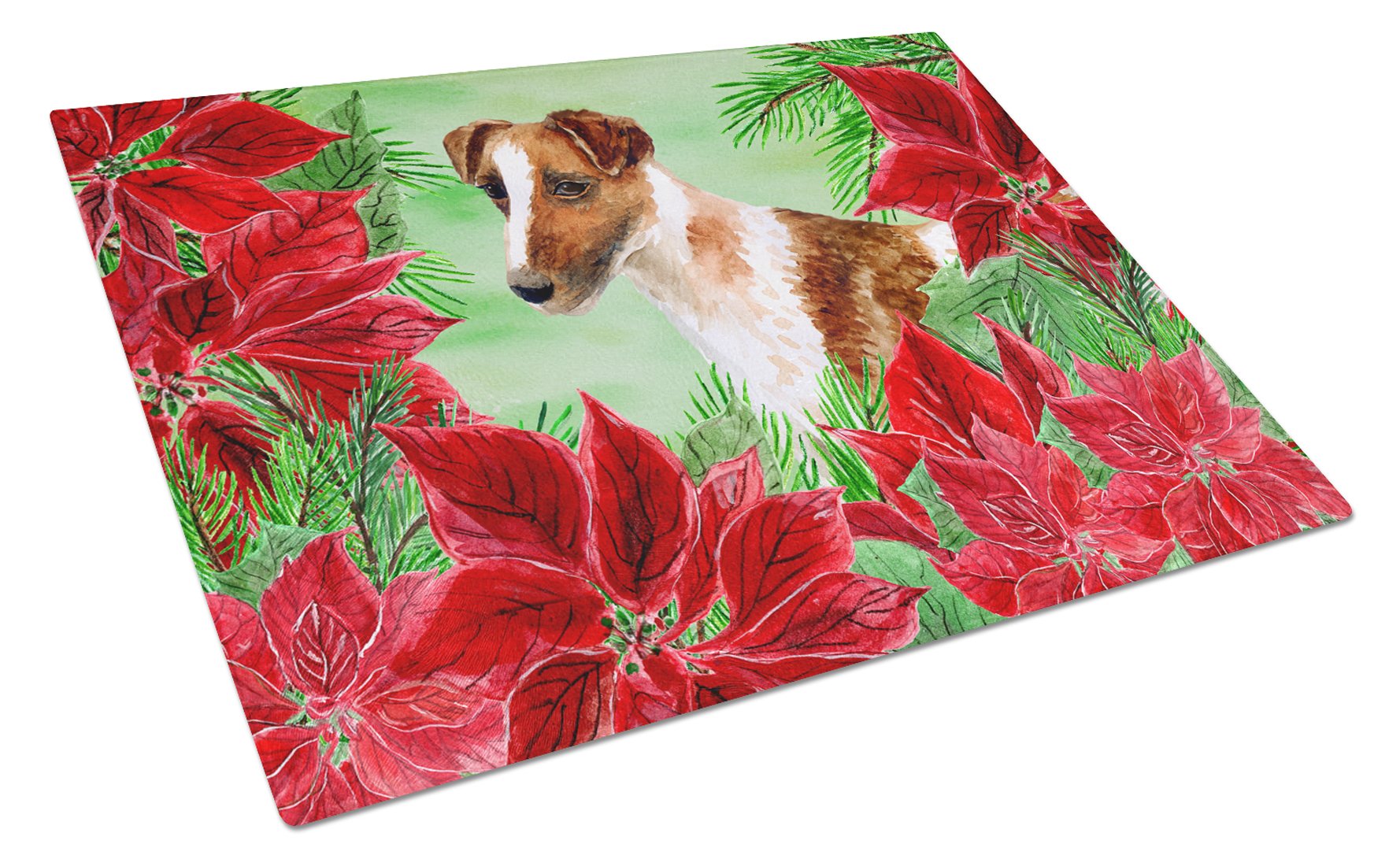 Smooth Fox Terrier Poinsettas Cutting Board Tempered Glass Kitchen Cutting Surface, Heat Resistant Chopping, Non-Slip Feet, Food Prep & Serving