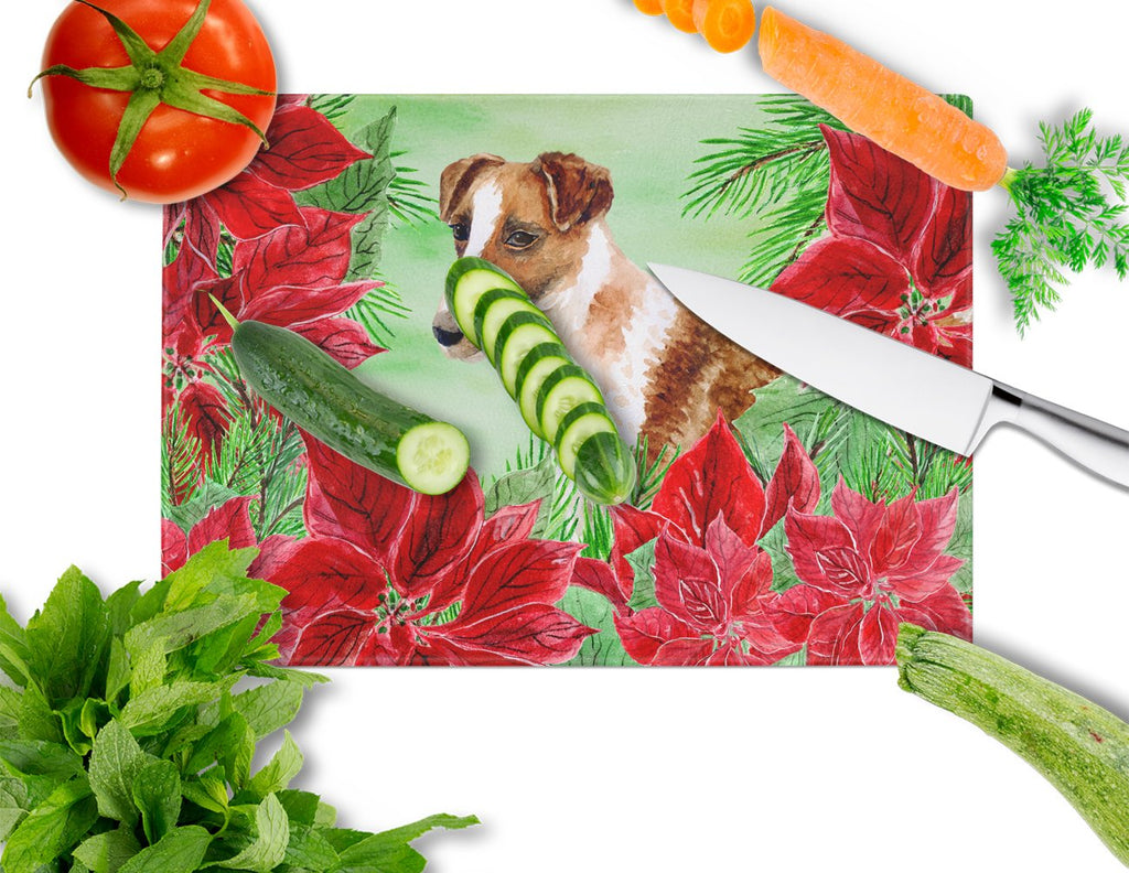Smooth Fox Terrier Poinsettas Cutting Board Tempered Glass Kitchen Cutting Surface, Heat Resistant Chopping, Non-Slip Feet, Food Prep & Serving