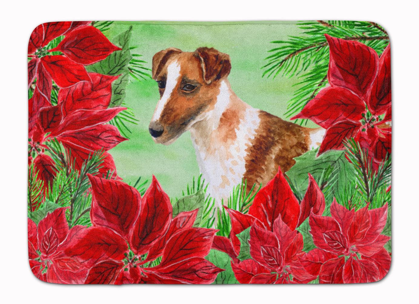Smooth Fox Terrier Poinsettas Memory Foam Kitchen Mat Machine Washable Anti-Fatigue Cushion Comfort Bath or Kitchen Rug