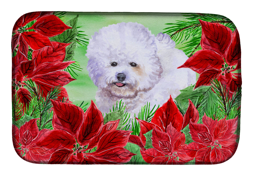 Bichon Frise Poinsettas Dish Drying Mat Absorbent Dish Drying Mat Pad for Kitchen Counter Dish Drainer Mat for Countertop, 14 x 21", Multicolor