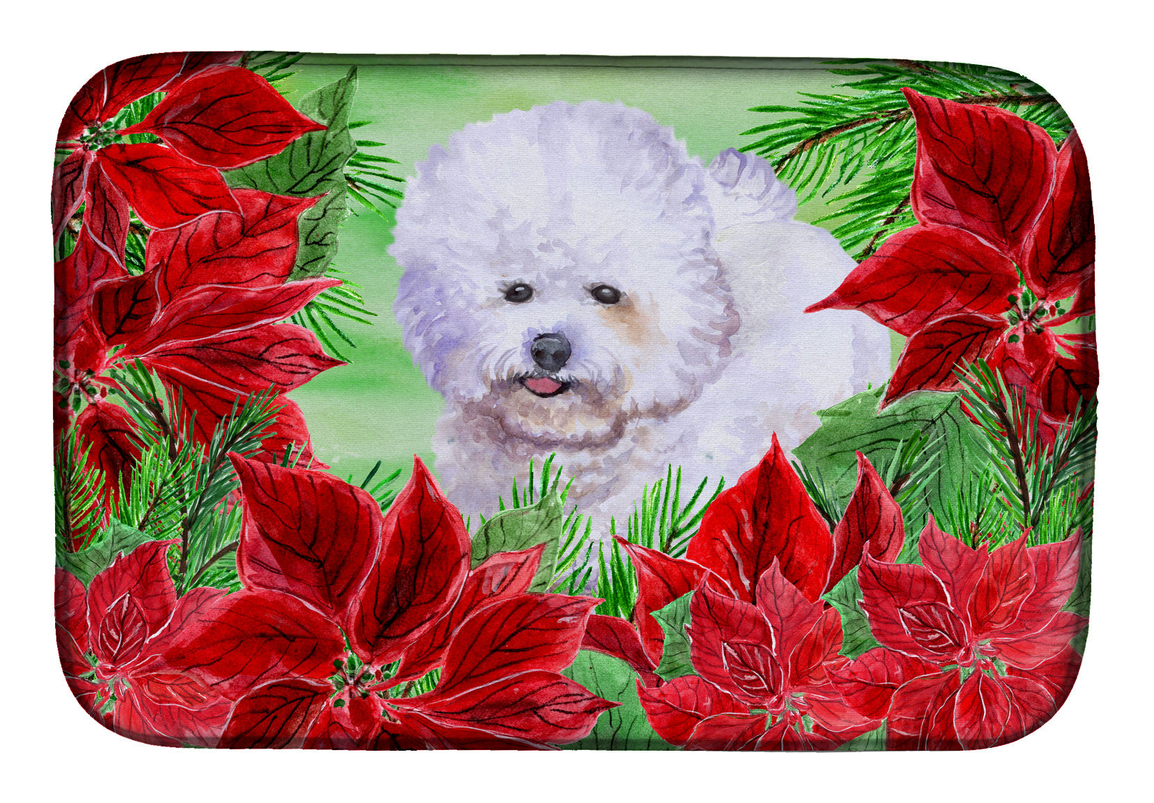 Bichon Frise Poinsettas Dish Drying Mat Absorbent Dish Drying Mat Pad for Kitchen Counter Dish Drainer Mat for Countertop, 14 x 21", Multicolor