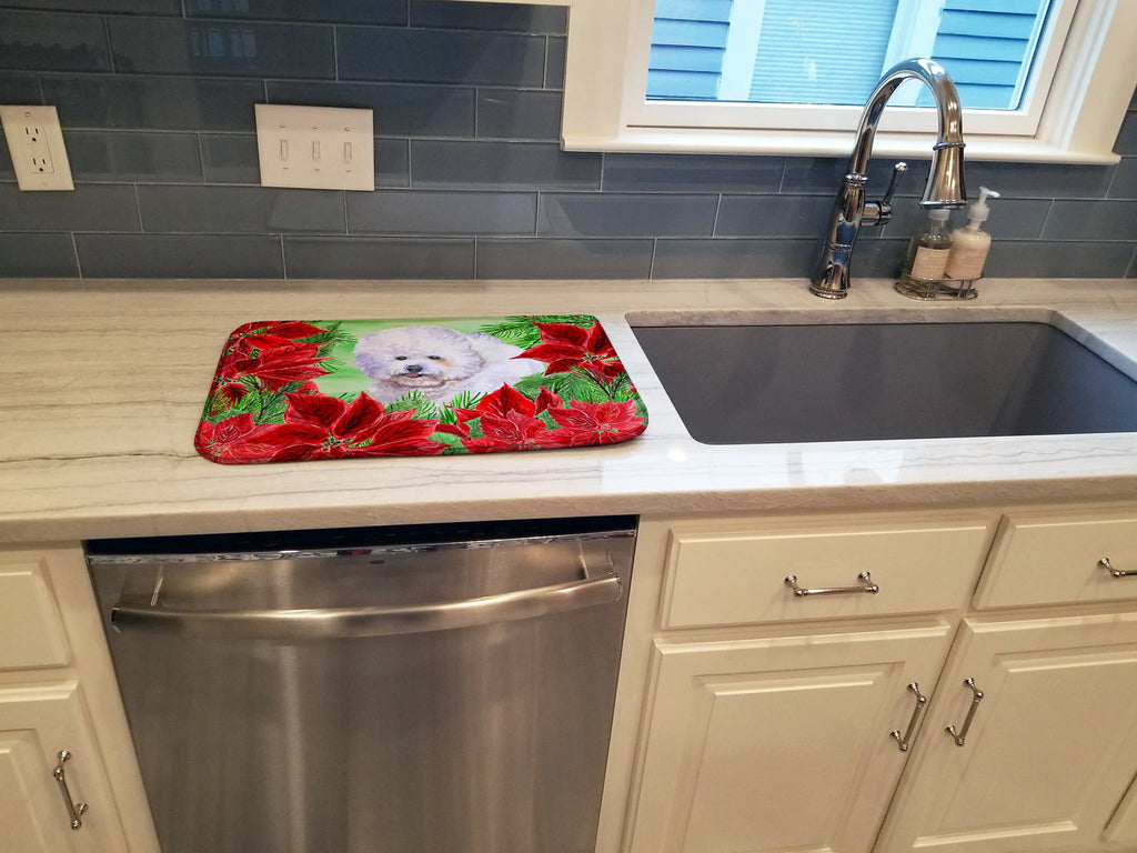 Bichon Frise Poinsettas Dish Drying Mat Absorbent Dish Drying Mat Pad for Kitchen Counter Dish Drainer Mat for Countertop, 14 x 21", Multicolor