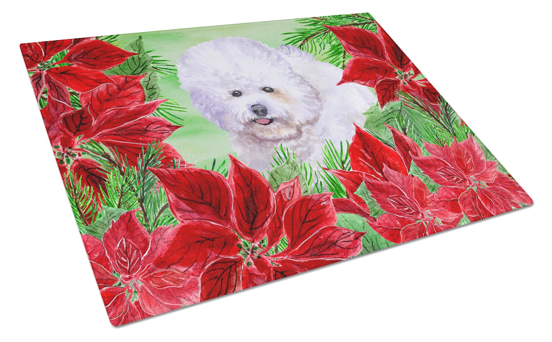 Bichon Frise Poinsettas Cutting Board Tempered Glass Kitchen Cutting Surface, Heat Resistant Chopping, Non-Slip Feet, Food Prep & Serving