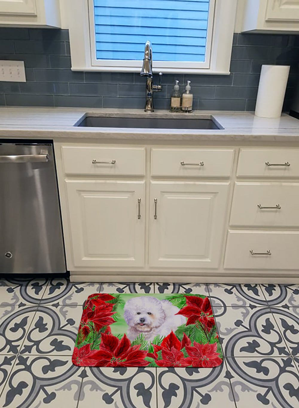 Bichon Frise Poinsettas Memory Foam Kitchen Mat Machine Washable Anti-Fatigue Cushion Comfort Bath or Kitchen Rug