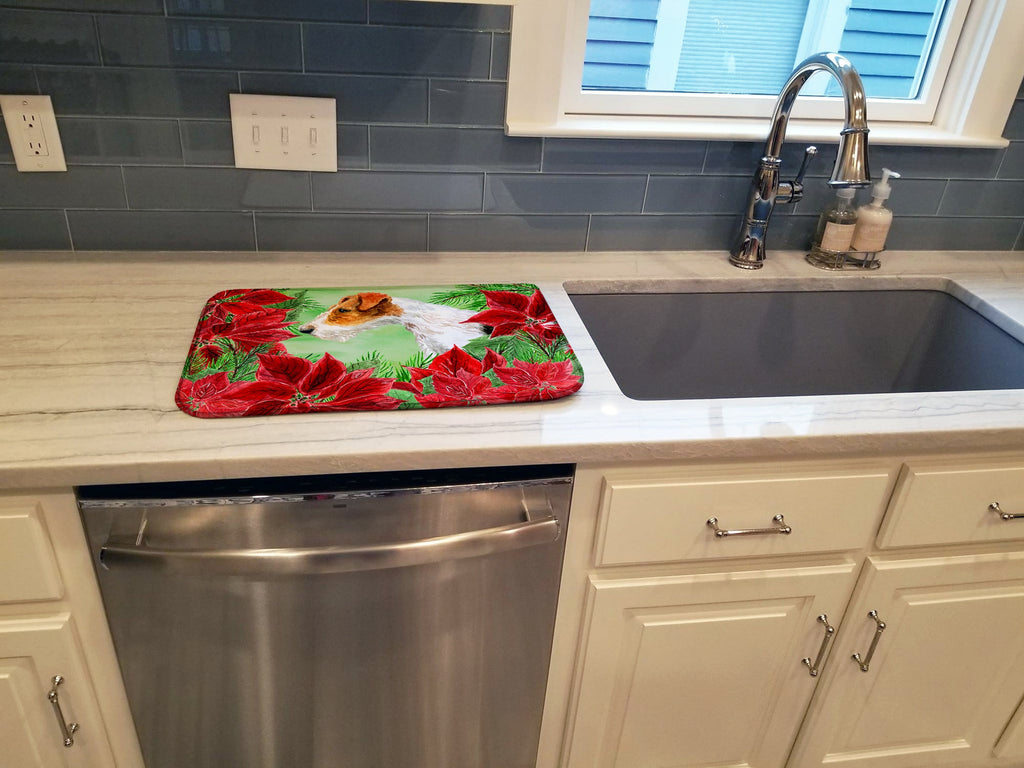Fox Terrier Poinsettas Dish Drying Mat Absorbent Dish Drying Mat Pad for Kitchen Counter Dish Drainer Mat for Countertop, 14 x 21", Multicolor