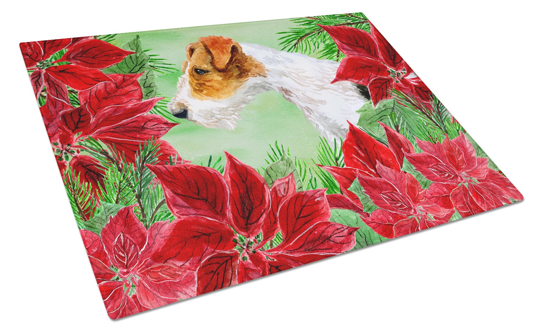 Fox Terrier Poinsettas Cutting Board Tempered Glass Kitchen Cutting Surface, Heat Resistant Chopping, Non-Slip Feet, Food Prep & Serving