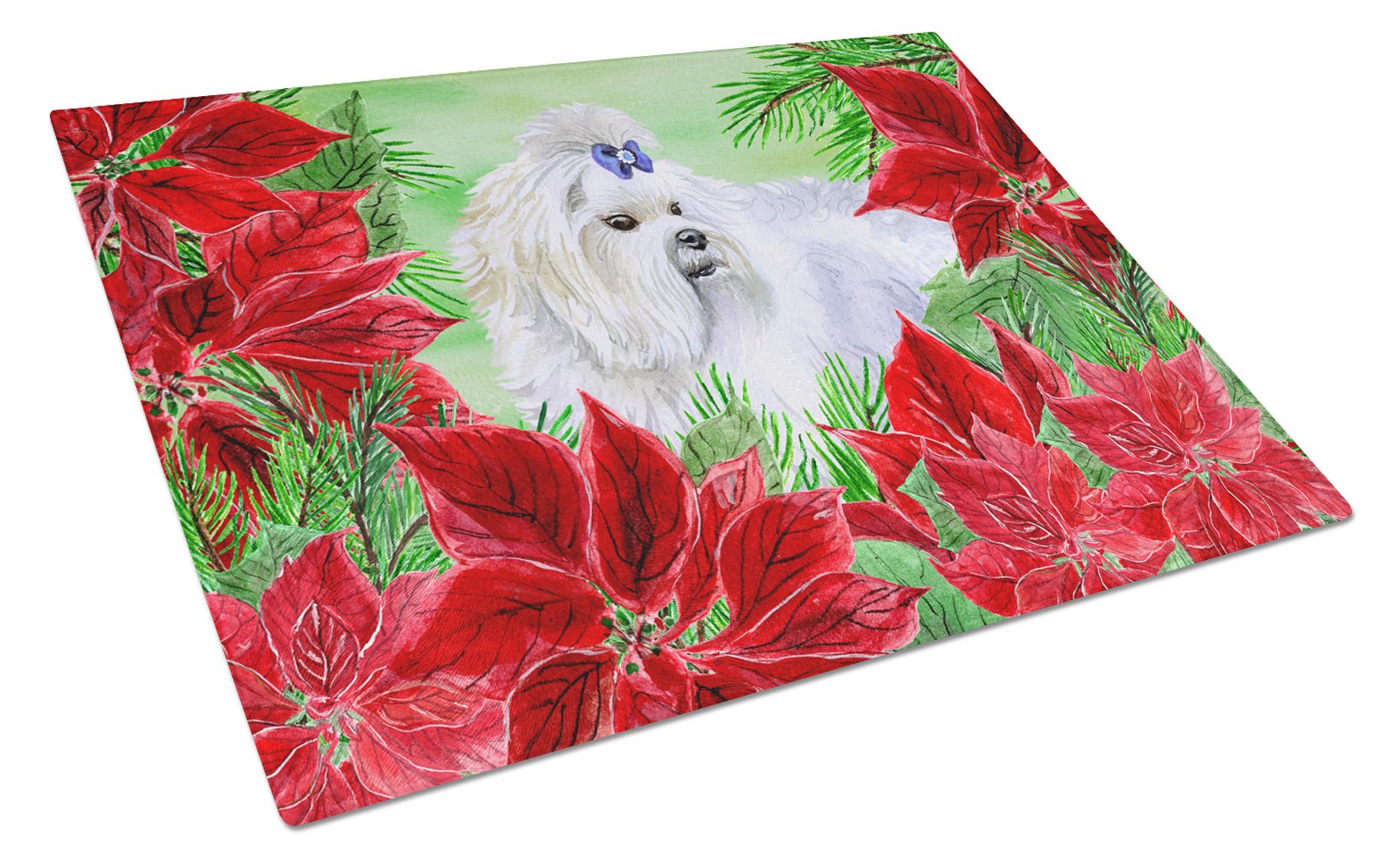 Maltese Poinsettas Cutting Board Tempered Glass Kitchen Cutting Surface, Heat Resistant Chopping, Non-Slip Feet, Food Prep & Serving