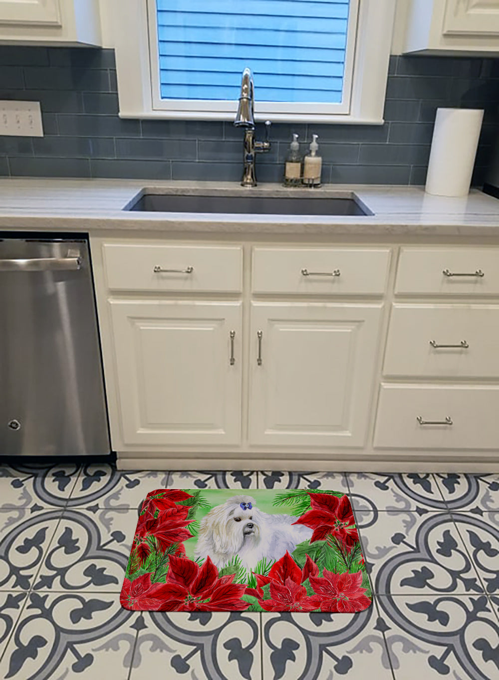 Maltese Poinsettas Memory Foam Kitchen Mat Machine Washable Anti-Fatigue Cushion Comfort Bath or Kitchen Rug