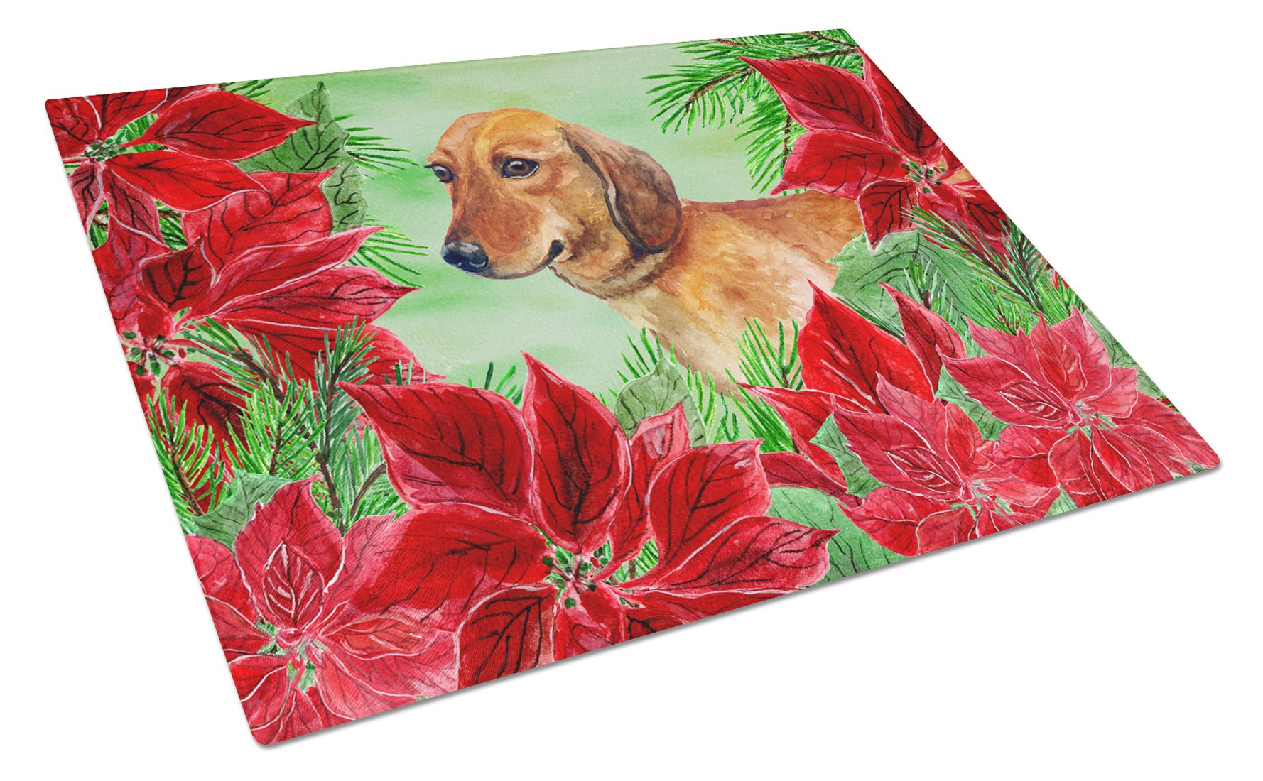 Dachshund Poinsettas Cutting Board Tempered Glass Kitchen Cutting Surface, Heat Resistant Chopping, Non-Slip Feet, Food Prep & Serving