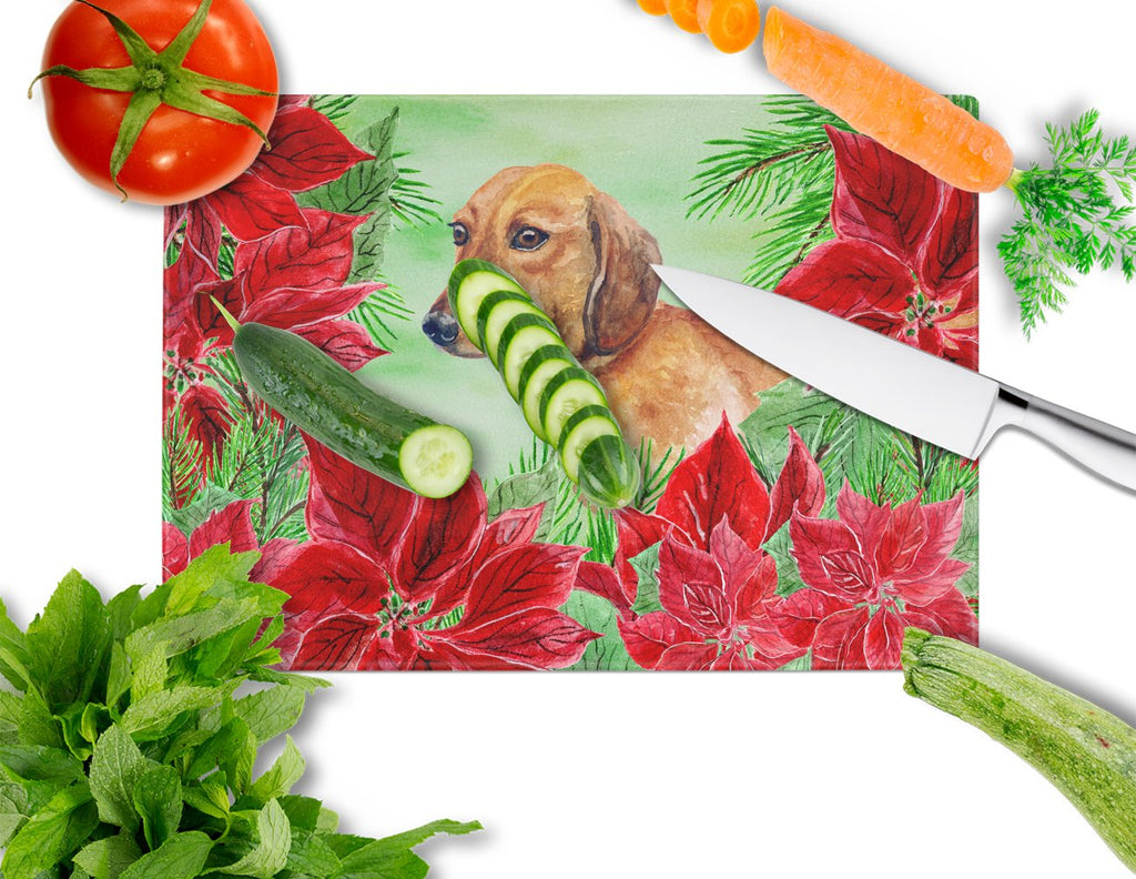 Dachshund Poinsettas Cutting Board Tempered Glass Kitchen Cutting Surface, Heat Resistant Chopping, Non-Slip Feet, Food Prep & Serving