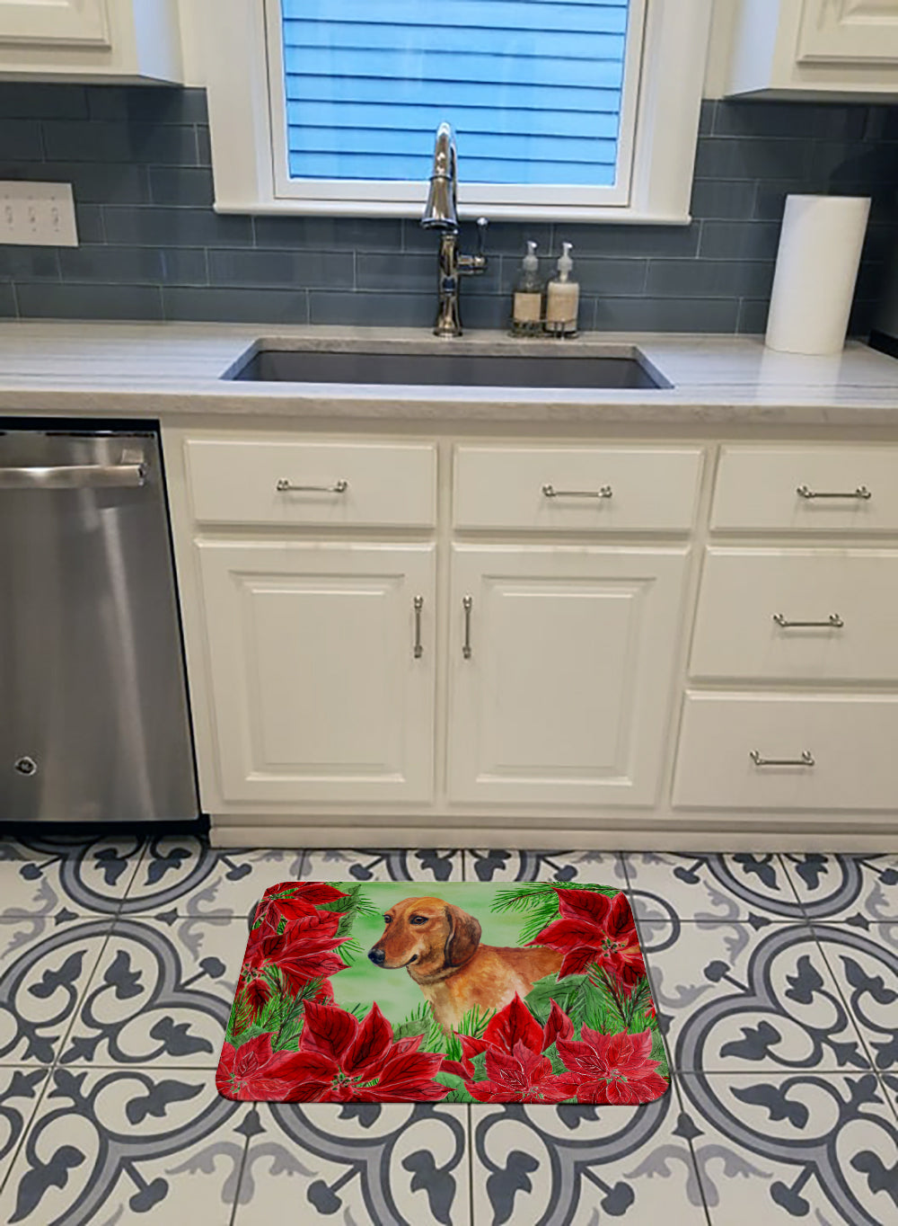 Dachshund Poinsettas Memory Foam Kitchen Mat Machine Washable Anti-Fatigue Cushion Comfort Bath or Kitchen Rug