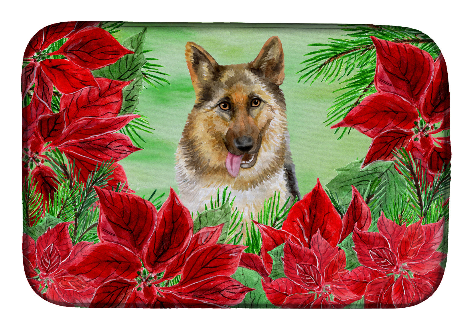 German Shepherd Poinsettas Dish Drying Mat Absorbent Dish Drying Mat Pad for Kitchen Counter Dish Drainer Mat for Countertop, 14 x 21", Multicolor