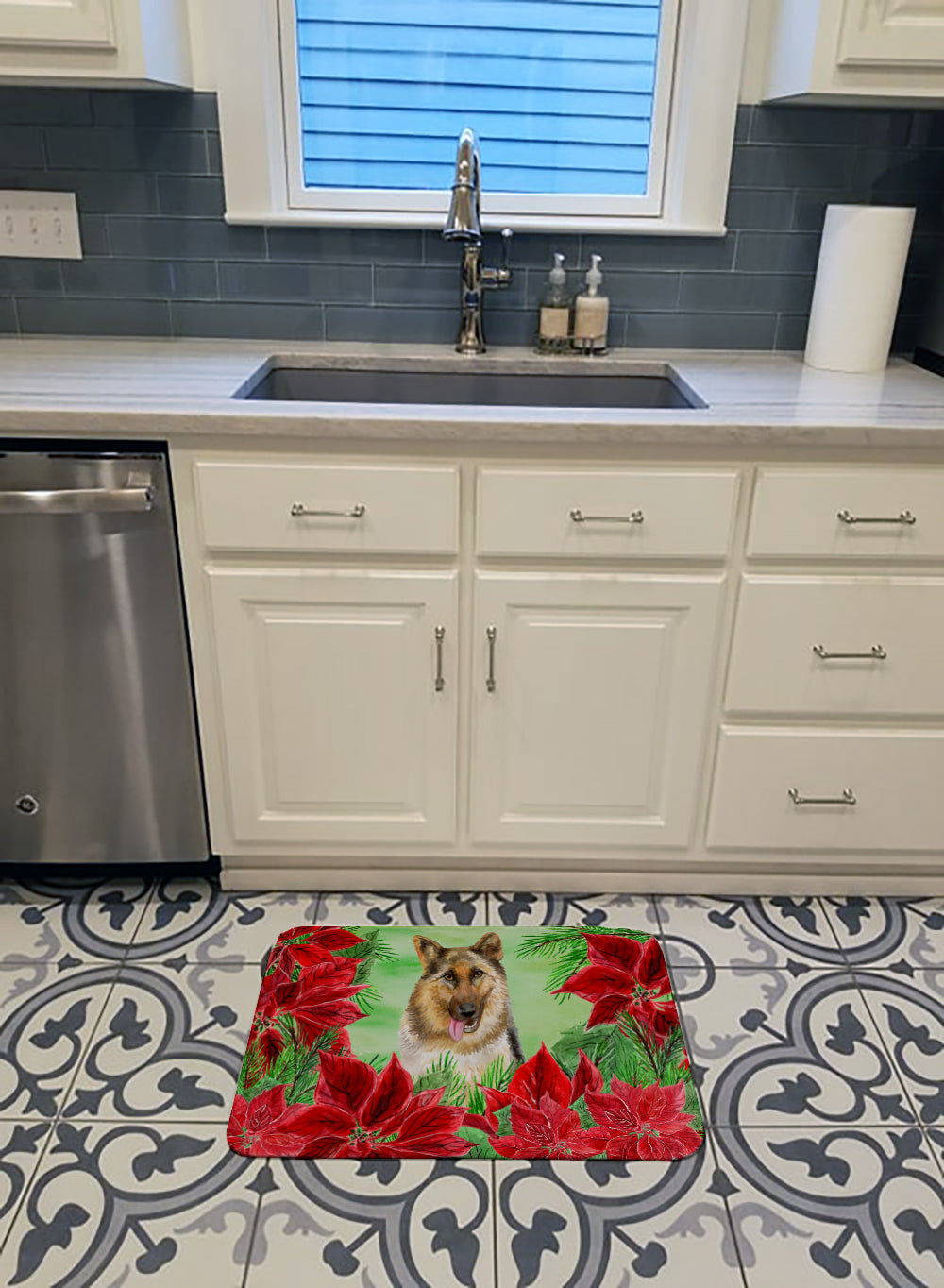 German Shepherd Poinsettas Memory Foam Kitchen Mat Machine Washable Anti-Fatigue Cushion Comfort Bath or Kitchen Rug