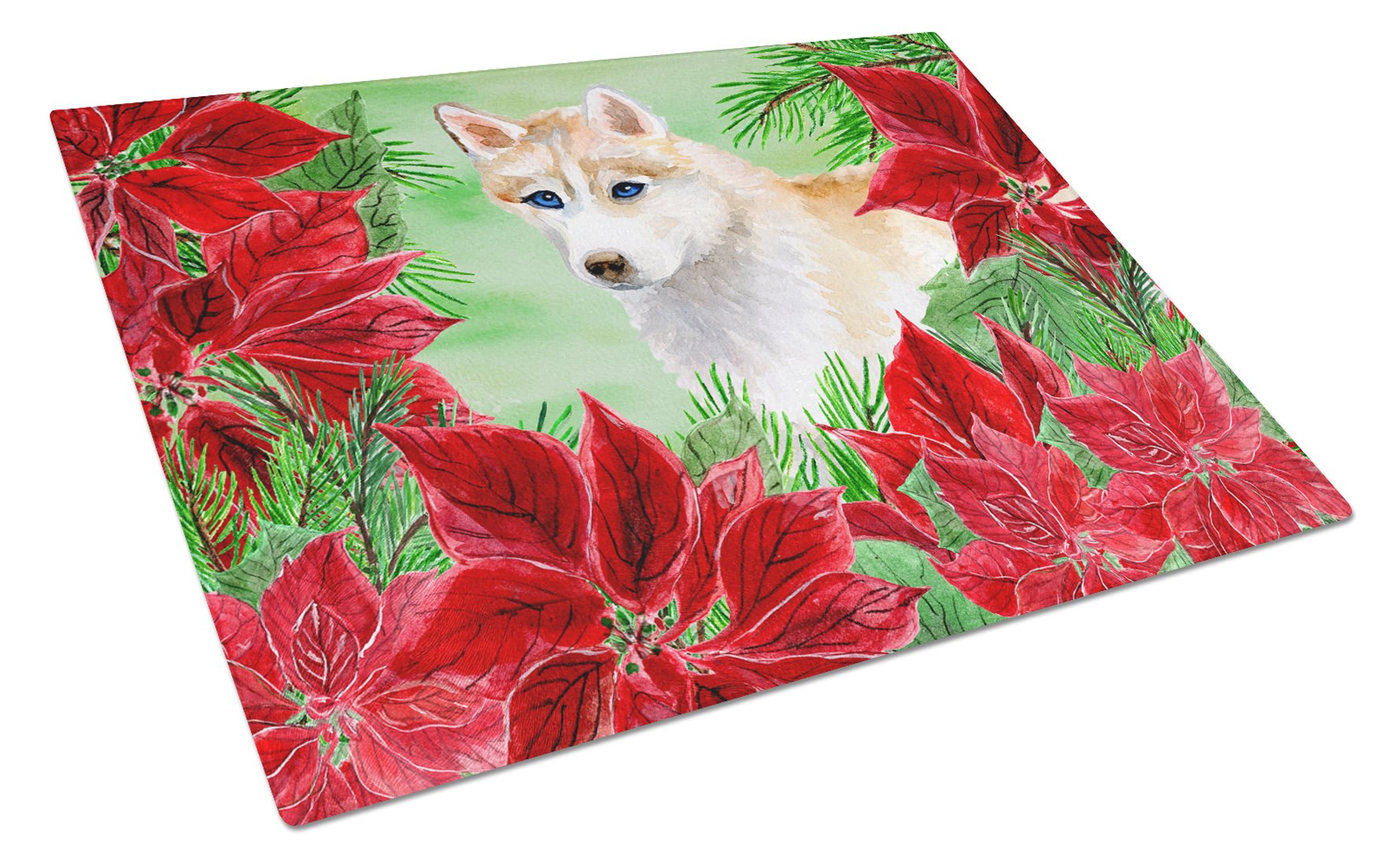 Siberian Husky Poinsettas Cutting Board Tempered Glass Kitchen Cutting Surface, Heat Resistant Chopping, Non-Slip Feet, Food Prep & Serving