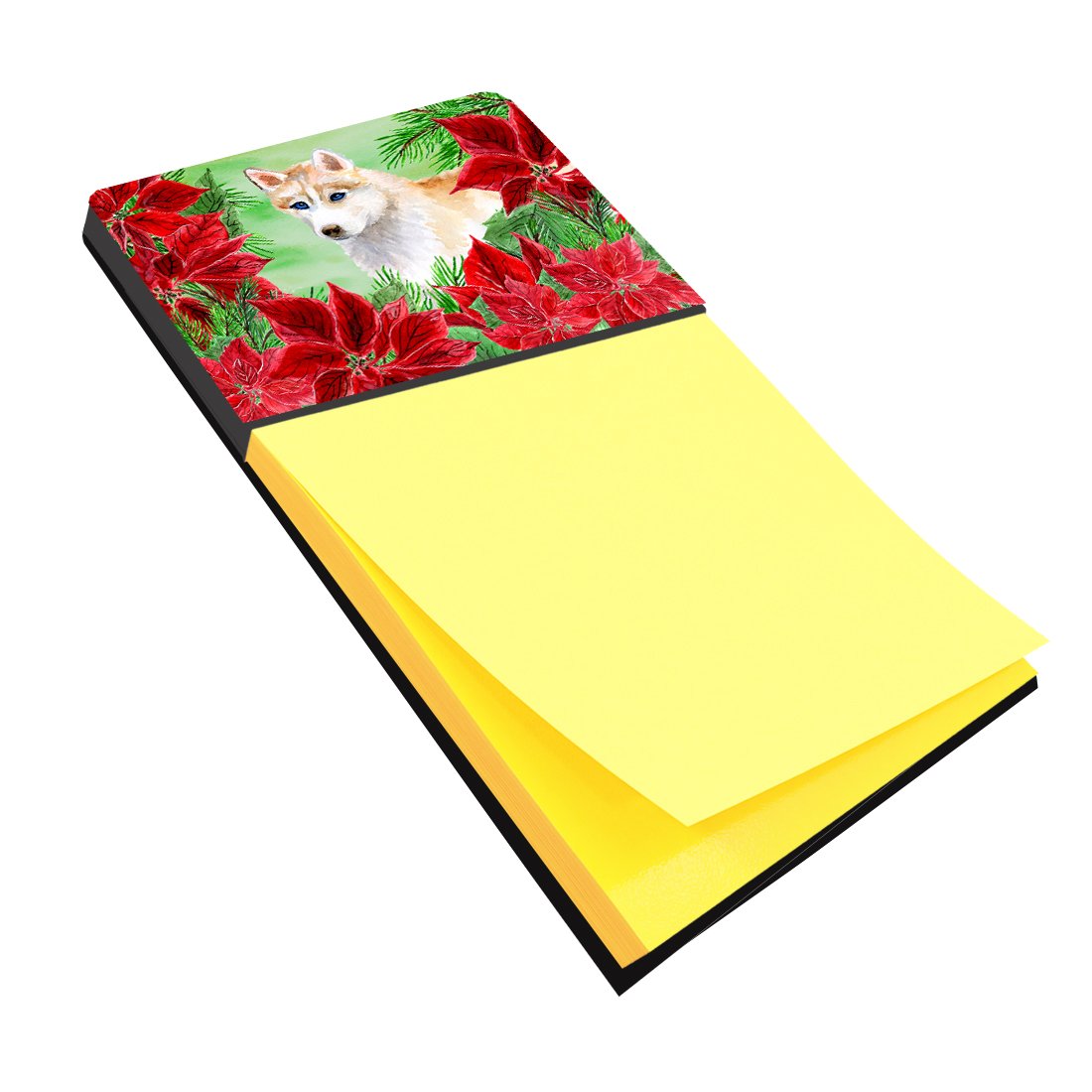 Siberian Husky Poinsettas Watercolor Sticky Note Holder Refillable Dispenser Desk Accessory 3x3 Pad Gift