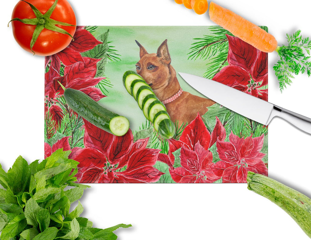 Miniature Pinscher Poinsettas Cutting Board Tempered Glass Kitchen Cutting Surface, Heat Resistant Chopping, Non-Slip Feet, Food Prep & Serving