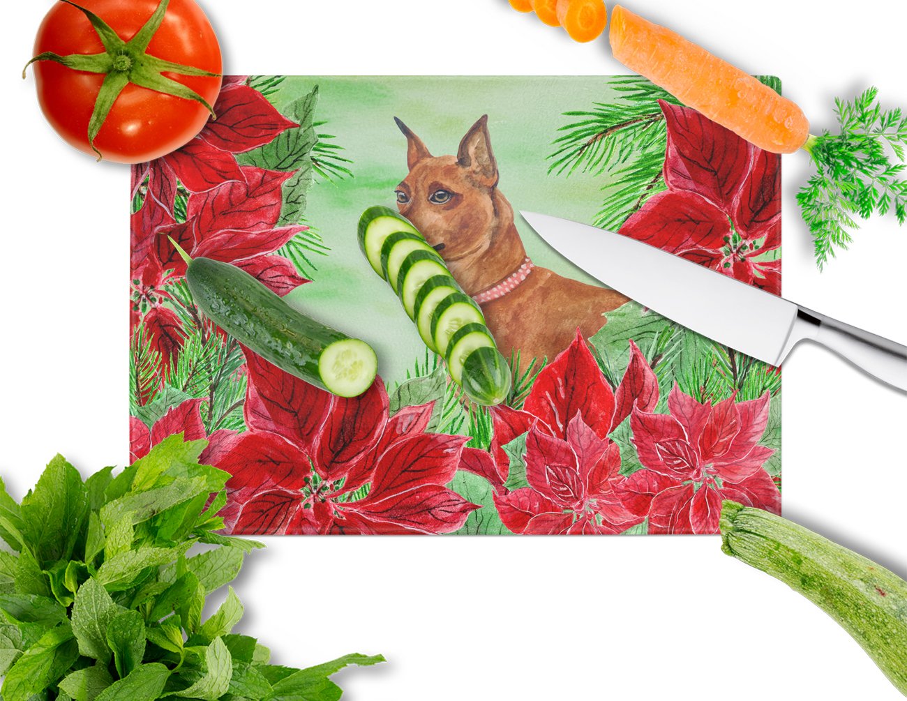 Miniature Pinscher Poinsettas Cutting Board Tempered Glass Kitchen Cutting Surface, Heat Resistant Chopping, Non-Slip Feet, Food Prep & Serving