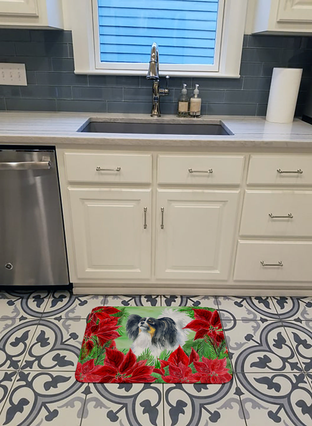 Papillon Poinsettas Memory Foam Kitchen Mat Machine Washable Anti-Fatigue Cushion Comfort Bath or Kitchen Rug