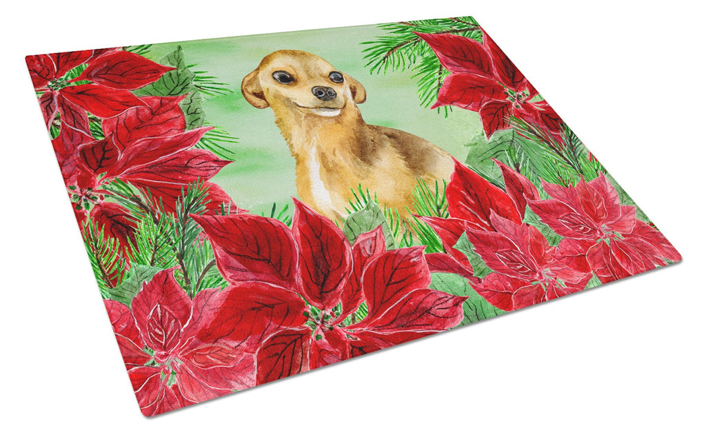 Chihuahua Poinsettas Cutting Board Tempered Glass Kitchen Cutting Surface, Heat Resistant Chopping, Non-Slip Feet, Food Prep & Serving