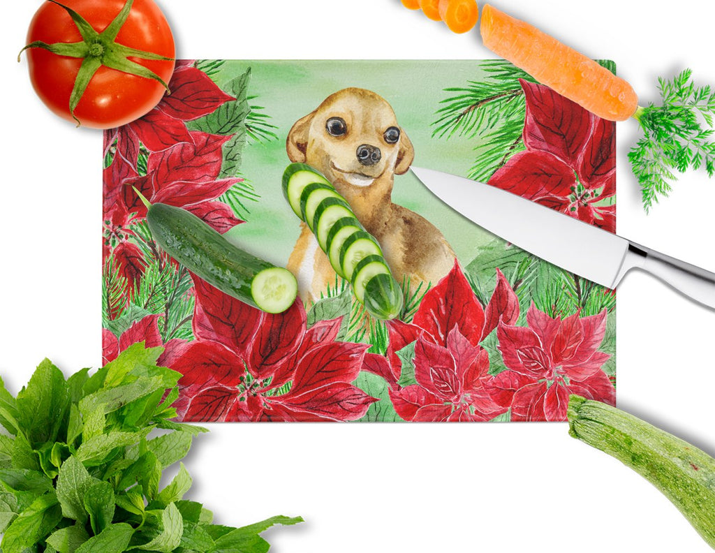 Chihuahua Poinsettas Cutting Board Tempered Glass Kitchen Cutting Surface, Heat Resistant Chopping, Non-Slip Feet, Food Prep & Serving