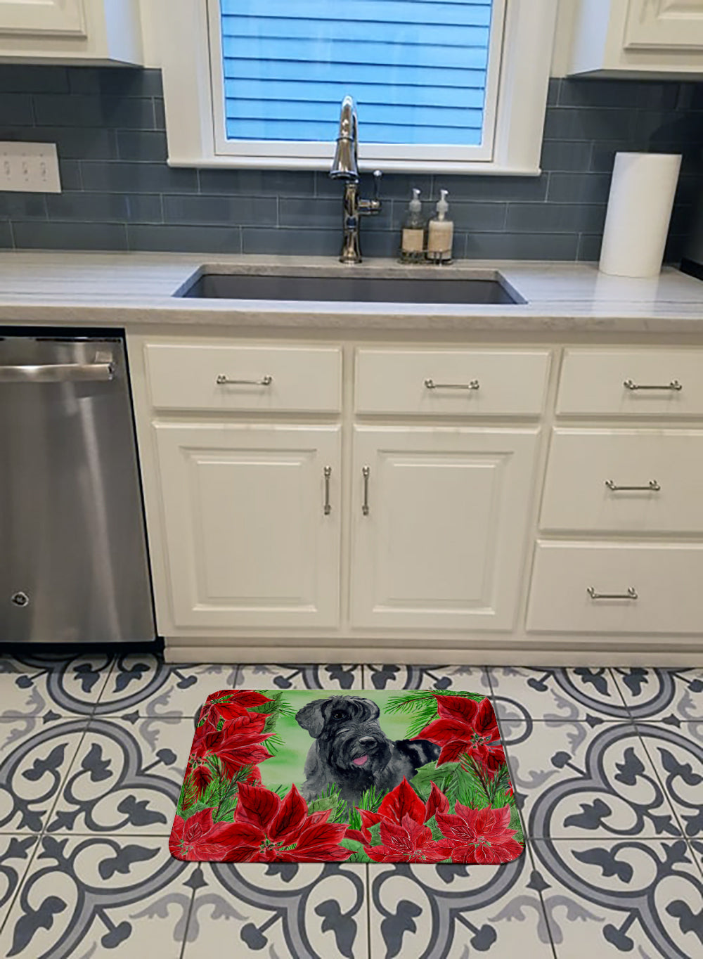 Giant Schnauzer Poinsettas Memory Foam Kitchen Mat Machine Washable Anti-Fatigue Cushion Comfort Bath or Kitchen Rug