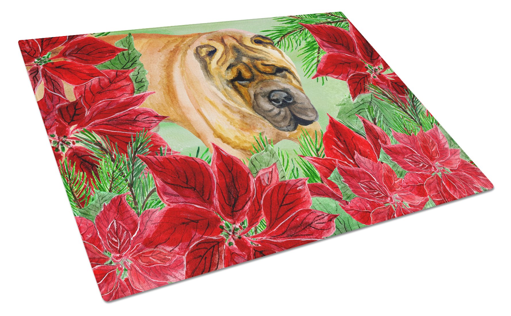 Shar Pei Poinsettas Cutting Board Tempered Glass Kitchen Cutting Surface, Heat Resistant Chopping, Non-Slip Feet, Food Prep & Serving